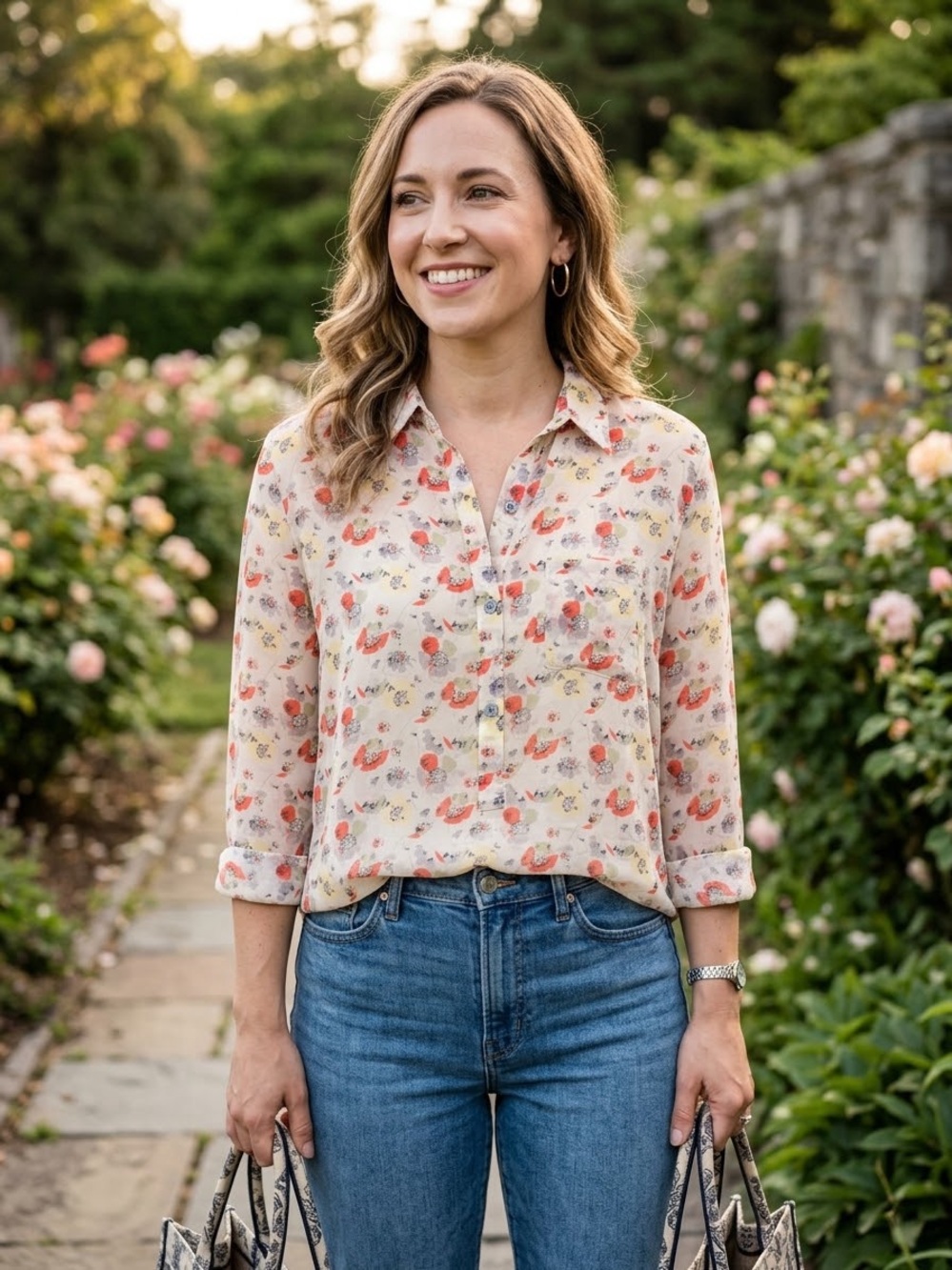 LOFT Sheer Floral Henley Button Down Blouse